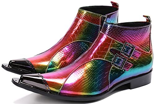 Santimon Mens Dress Casual Rainbow Ankle Chelsea Boots – Genuine Leather Punk Gothic Metal Pointed Toe Double Buckle Party Rock Cowboy Boots for Stage, Clubwear, Disco4