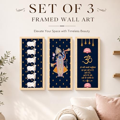 Image of Pichwai Wall Art Painting With Mantra Set of 3 Framed Posters For Living Room, Vastu Wall Art Home Decor for Livingroom, Bedroom, Hallways, Office, Hotel (Size-24x48 cm)