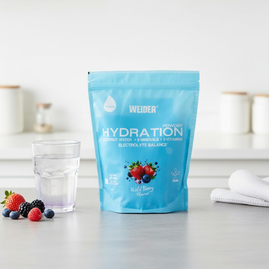 Mezcla de Electrólitos con Agua de Coco, Minerales y Vitaminas - Sabor Frutos Silvestres - 60 Sticks de 6g (360g) - Hidratación Vegana de Nivel Superior para Deportistas - Weider - NEXU