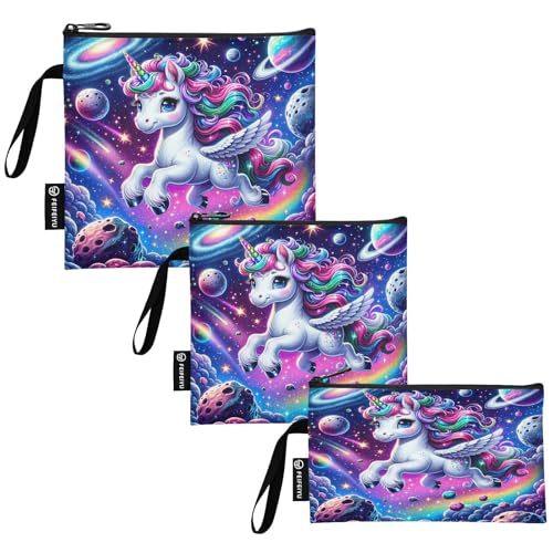 RPLIFE Bolsa de aperitivos y sándwich, con diseño de unicornio y galaxia, reutilizable, lavable, con cremallera, para niños y adultos (juego de 3: S/M/L)