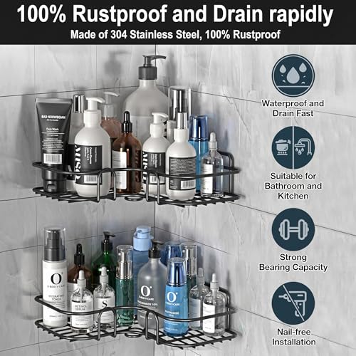 Image of Shelf-Adhesive Bathroom & Kitchen Corner Storage Organizer Rack /Shelf Wall Mounted (No Drilling Required) | Bathroom Accessories Metal with Powder Coated Finish (Black, Pack of 2)
