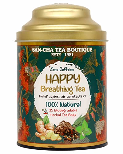 Image of Sancha Tea Boutique, Happy Breathing Herbal Tea, 25 Pyramid Tea Bags | Ayurvedic Decongestant Blend with Eucalyptus, Bael & Long Pepper | Caffeine-Free Wellness Tea in Double Lid Tin Caddy