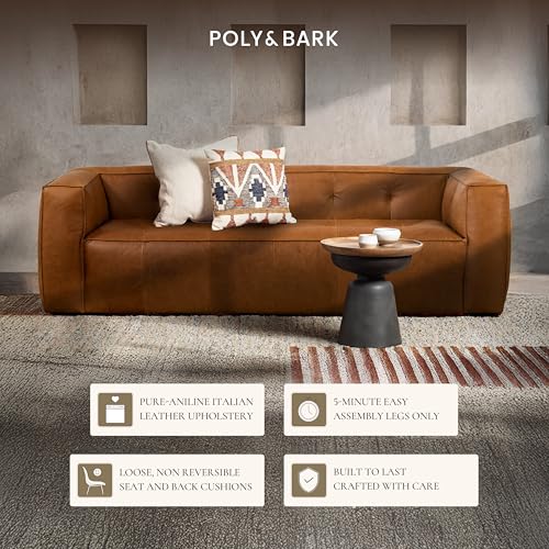 Image of Poly & BARK Capa 92 inch Sofa - Saddle Tan Full-Grain Pure-Aniline Italian Leather, Boxy Modern Design, Feather-Fiber Cushions, Solid Wood Frame