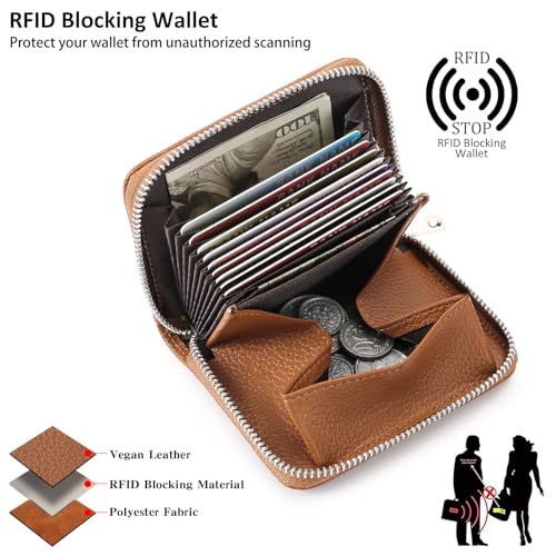 Image of GOIACII Womens Credit Card Holder Wallet Zip RFID Blocking Card Case Wallets Compact Size with ID Window Brown