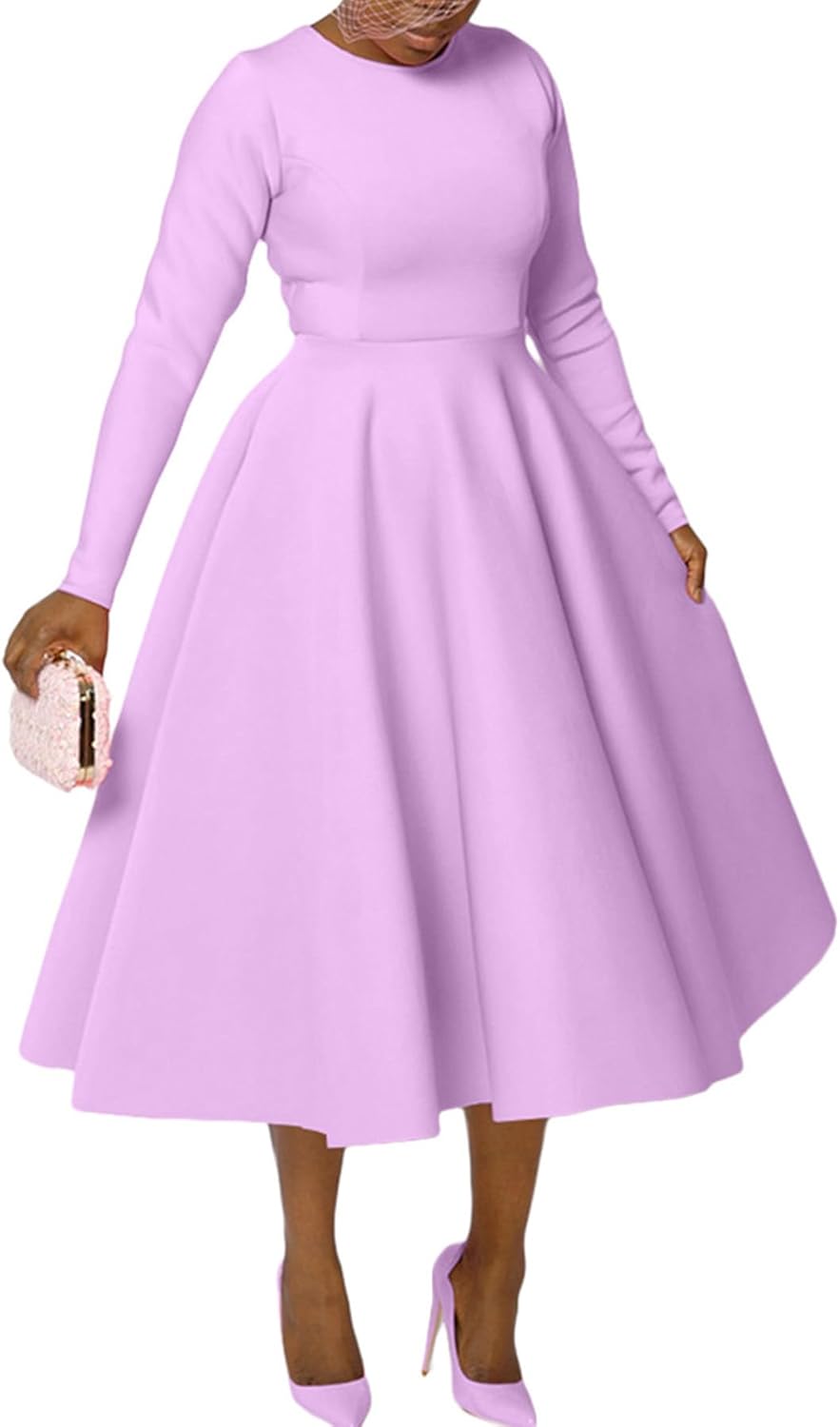 Famnbro Women's Vintage Cocktail Dresses 1950s Round Neck Long Sleeve A Line Formal Church Swing Maxi Dress