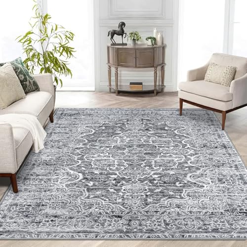 KUTA Vintage Area Rug 5x7 Grey White, Washable Rugs for Living Room Soft Non-Slip Printed Distressed Tribal Traditional Farmhouse Carpet for Bedroom Dining Room Dorm Office Home Decor