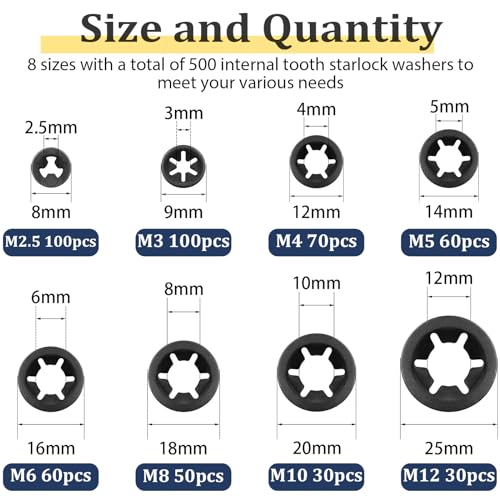 Vifmy 500 Stück Innenzahn-Sternscheiben, M2,5 M3 M4 M5 M6 M8 M10 M12 Schnellspann-Sicherungsscheiben-Sortiment-Kit, Stahl, Schwarzoxid-Finish, zum Aufstecken