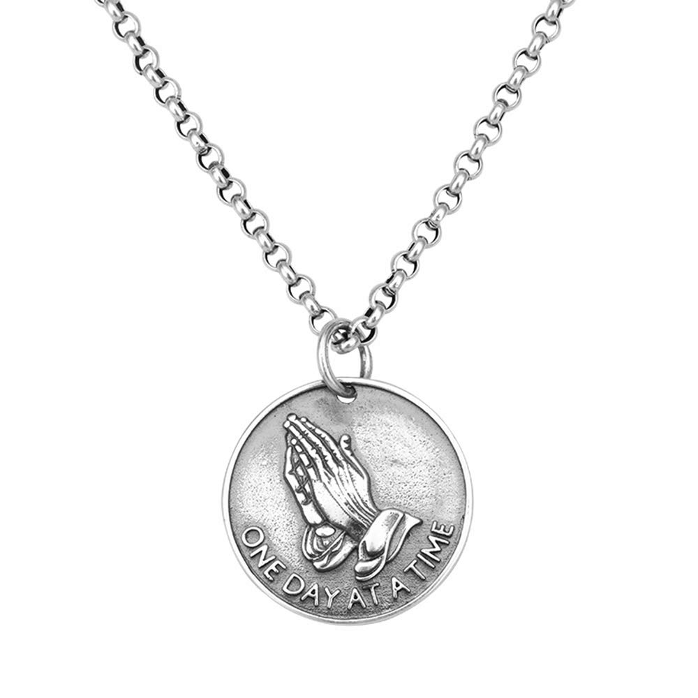 Vintage Solid 925 Sterling Silber Round Medaillon Münzmünze Anhänger Halskette Bibel Vers Gebet Hände Halskette für Männer Frauen, 50 cm Kette