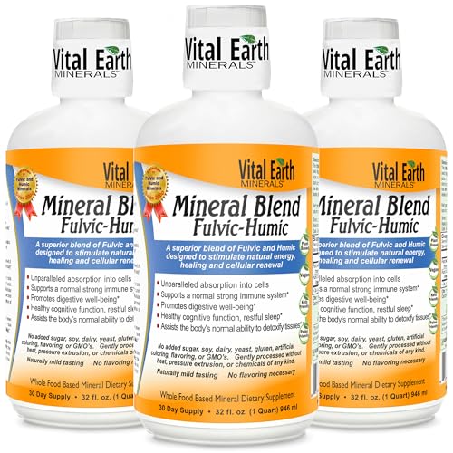 Vital Earth Minerals Fulvic Humic Mineral Blend Liquid 3-Pack – Fulvic Acid Supplement with 70+ Trace Minerals, Electrolytes for Recovery, Balance & Energy, 32 Oz Ea + 1 Oz Cup Ea