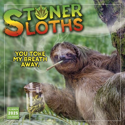 Stoner Sloths - Calendario de pared 2025, calendario de humor y cómics de 16 meses, 12 x 12 pulgadas
