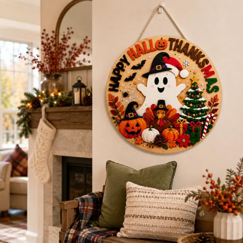 Image of Halloween Decorations - Happy Hallothanksmas Wooden Sign for Front Door