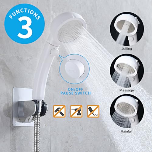 KAIYING High Pressure Handheld Shower Head with ON/Off Pause Switch, 3 Spray Modes Shower Wand with Shut Off Button, Removable Camper Shower Head with Hose and Adjustable Angle Bracket (White) by KAIYING - Image 2