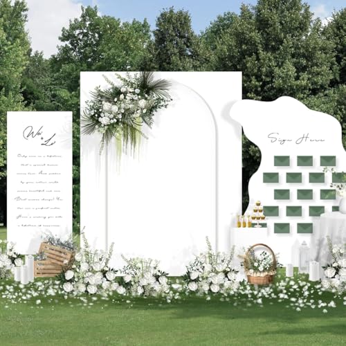 Image of MLMC Arch Backdrop Cover Set of 2 6+7.2FT White Fitted Spandex Backdrop Stand Cover Stretchy Round Top Chiara Arch Cover for Baby Shower Birthday Party Wedding Ceremony Photography Background Decor