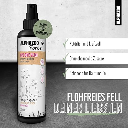 alphazoo ByeByeVloh Anti Floh-Spray 500 ml – Natürliches Flohmittel für Hunde, Katzen & Pferde – Mit Sofortwirkung & Langzeit-Flohschutz – Gegen Flöhe, Läuse & Parasiten – Juckreiz lindernd