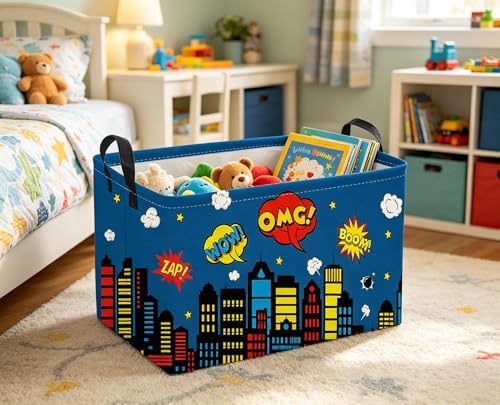 Image of Sanjiaofeng Rectangular Blue City Hero Skyline Basket,Baby Storage Bins with Handles,Comics Hero Kid Basket,Building Silhouettes Storage Bin,Room Decor(Building)