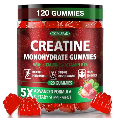 Image of Creatine Gummies for Men & Women - Chewable Creatine Gummy with Taurine & Vitamin B12, 5g Creatine Monohydrate per Serving, 120 Gummies - Strawberry Flavor, Raspberry-Shaped | Strawberry Raspberry-Shaped Chews Infused with Taurine & Vitamin B12,Vegan