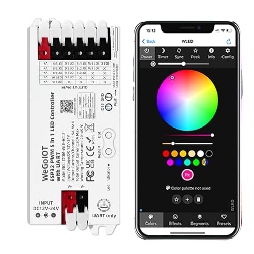 WeGoIOT ESP32 LED PWM Smart Lighting Controller 5-in-1 Dimming with UART Download Port, WiFi Wireless App Control Easy Wiring Static Dynamic Mode For RGBCCT/RGBW/RGB/CCT/DIMMER LED Strips