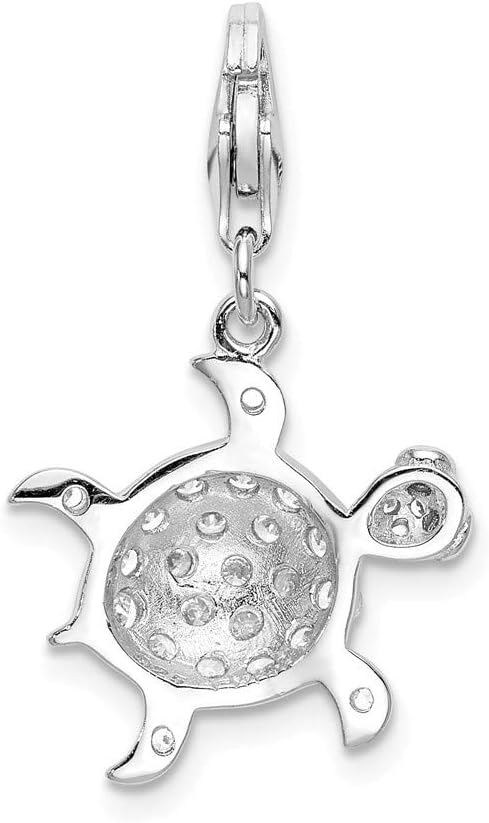Solid 925 Sterling Silver Cubic Zirconia CZ Sea Turtle Lobster Clasp Charm (0.63 x 1.38 Inches)