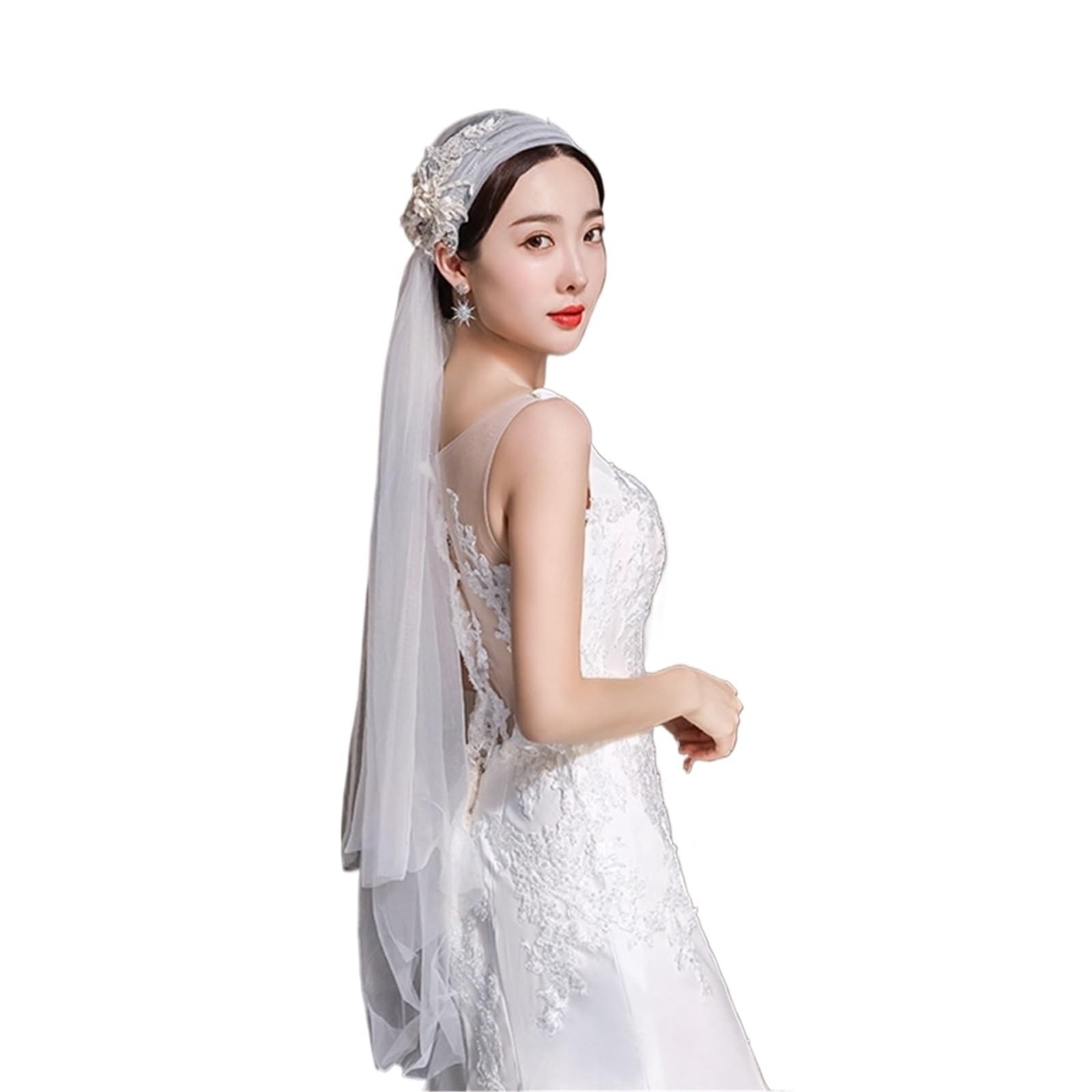 Velo da sposa punta delle dita con bordo decorato con perline – Velo da sposa in poliestere a 1 strato for accessori da sposa dal design elegante