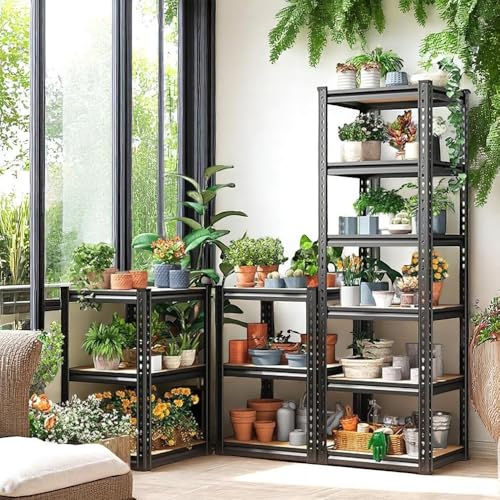 Image of Blue boy Adjustable Shelving 6 Tier- Metal Boltless Rack for Storage & Display /Garage Shelves /Organizer for Home & Kitchen (72 x 24 x 12 Inch /Black- Wooden Shelf)