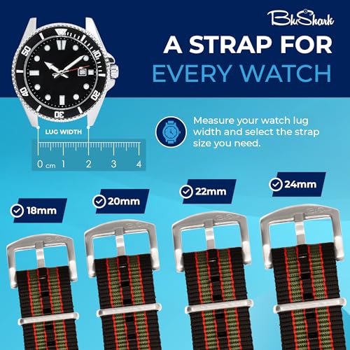 Image of BluShark - Original Collection Military-Style Waterproof Watch Strap, Fits All Timepiece Brands, Durable Nylon Wristwatch Accessories with Stainless Steel Buckle - 18mm, 20mm, 22mm & 24mm Watch Bands
