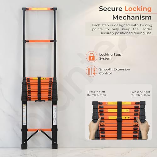 Image of Plantex 5.1m (16.73 ft.) Telescopic Ladder /Carbon Steel 13-Steps Portable & Compact Ladder /Foldable Multipurpose Collapsible Ladder for Home & Outdoor Use - (Orange)