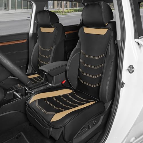 Image of Motor Trend LuxeFit Beige Seat Covers for Cars Trucks Van SUV (2 Pack), Premium Faux Leather Car Seat Covers, Easy to Install Automotive Seat Covers with Storage Pockets, Fits Most Vehicles