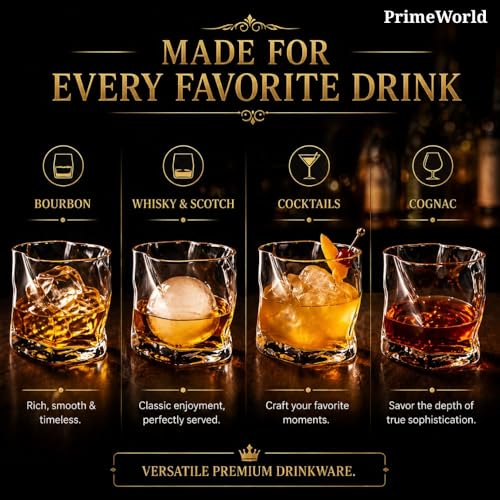 Image of PrimeWorld Grand Crystal Whiskey Glasses Set of 6 pcs- 300 ml Bar Glass for Drinking Bourbon, Whisky, Scotch, Cocktails, Cognac- Old Fashioned Cocktail Tumblers