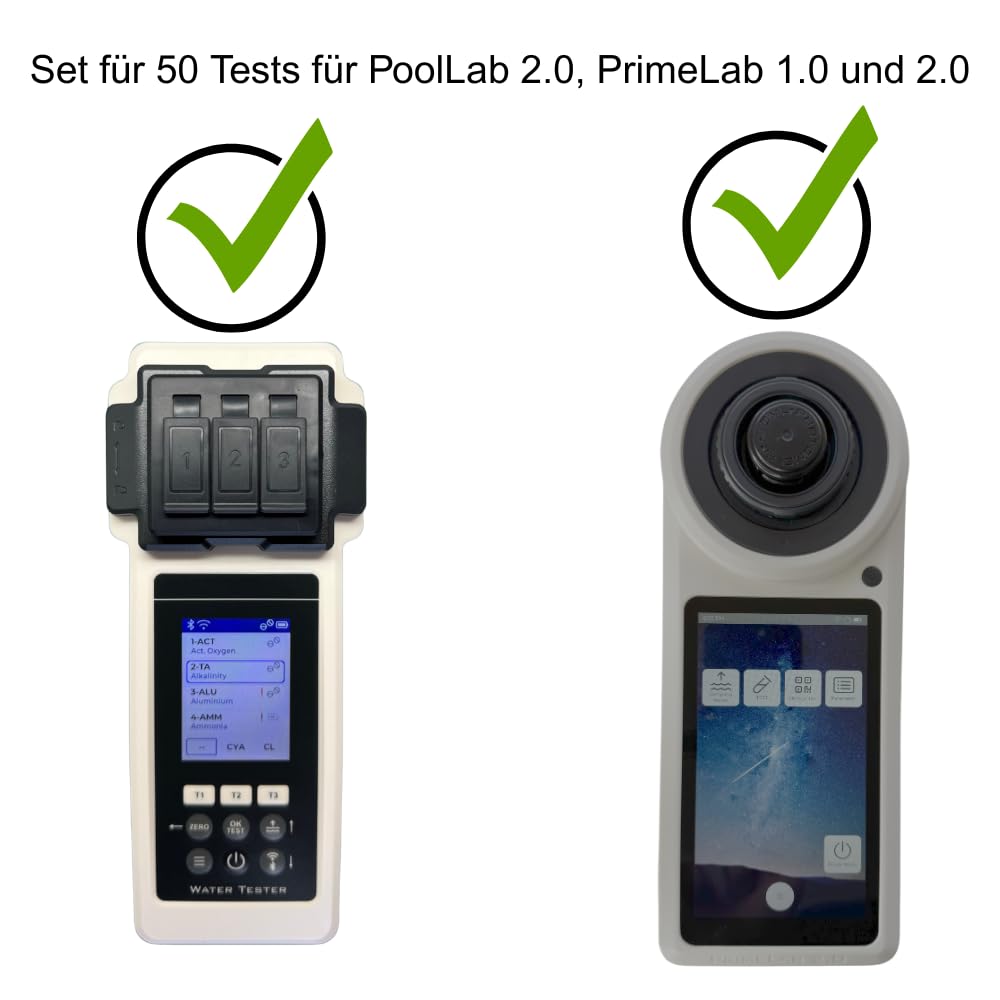 Reagenti Fosfati LR N. 1 & N. 2 per PoolLab 2.0 - Reagenti per la misurazione del fosfato (Low Range 0,00-4,00 mg/l (ppm)) - Durata: 2 anni - 100 test (50 tamponi in polvere + 50 compresse)