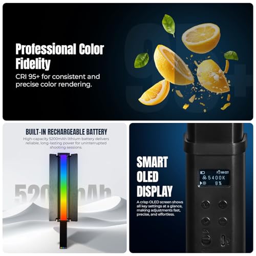 Image of HIFFIN HF-1000 60W RGB LED Stick Light with Grid & Soft Diffuser, 2500K-9900K Adjustable CCT, CRI95+, 24 Effects, 18700Lux@0.5m, App Control, 5200mAh Battery for Photo Video Shooting Use for Creators