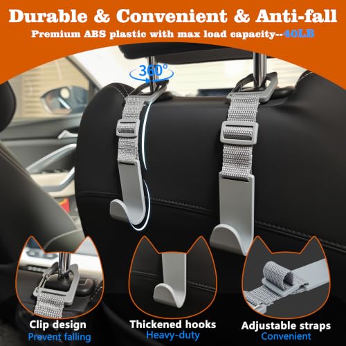 Image of Amooca Anti-drop Car Headrest Hooks 4 Pack Seat Organizer for Bags | Universal Fit Cars SUV Truck, Adjustable, Holds Backpack Water Bottle Handbags Groceries, 40lb Heavy Duty, Clip Design