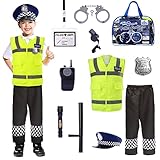 Police Costume Kids Ages 3-7, Complete Officer Set with Hat, Vest, Trousers & Siren Sound Walkie Talkie, Fancy Dress Roleplay Outfit for Halloween & Parties (Yellow Police Costume With Trousers)