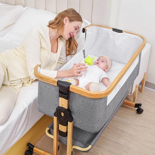 Image of RICUTON Baby Bassinet, 3 in 1 Bedside Crib for Newborn, 6 Height Adjustable & Easy Folding & with Mosquito Net & Storage Basket & Wheels