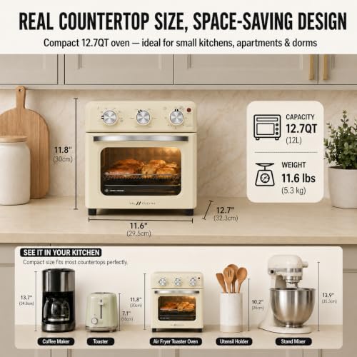 Image of VAL CUCINA 6-in-1 Retro Air Fryer Toaster Oven Combo, Compact 12.7 QT Small Countertop Convection Oven, Fits 9 inch Pizza & 4 Toast, Hexagon Hybrid Heating, Enamel Baking Pan Included, Almond Yellow Color