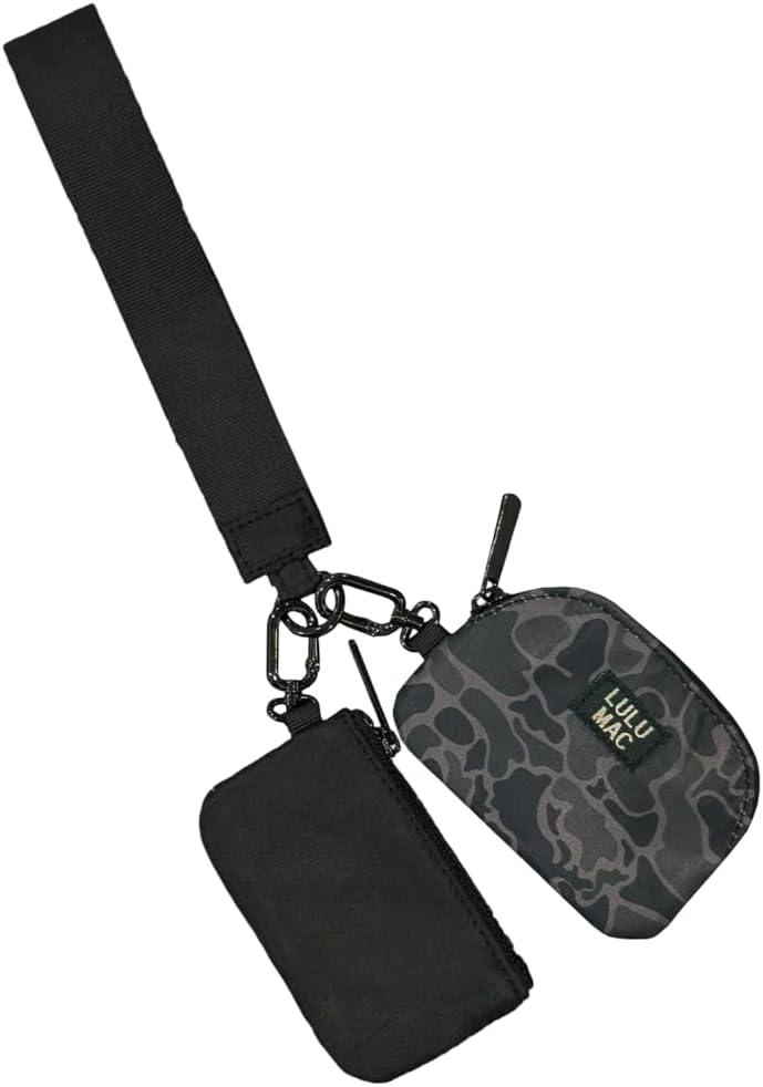 LULU MAC Double Pouch Wristlet Purse with Wrist Strap and Clip Wallet (Camo-Black)