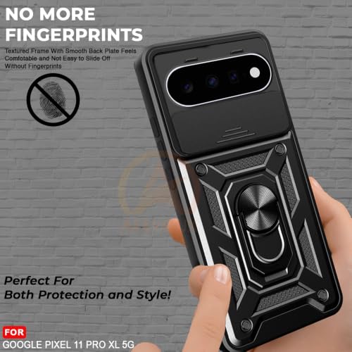 Image of Armor Bumper Back Cover Case for Google Pixel 11 Pro XL Rotating Camera Cover, Ring Holder & Kickstand | Heavy Duty & 360 Degree Protection Back Cover for Google Pixel 11 Pro XL (Black)