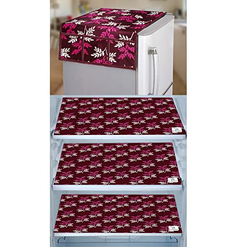 Image of Polyester 3-Layered Fridge Top Cover /Refrigerator Cover with Utility Pockets and Set of 3 Pc Fridge Mats (Color-Leaf Purple, Size-39x21 Inch)