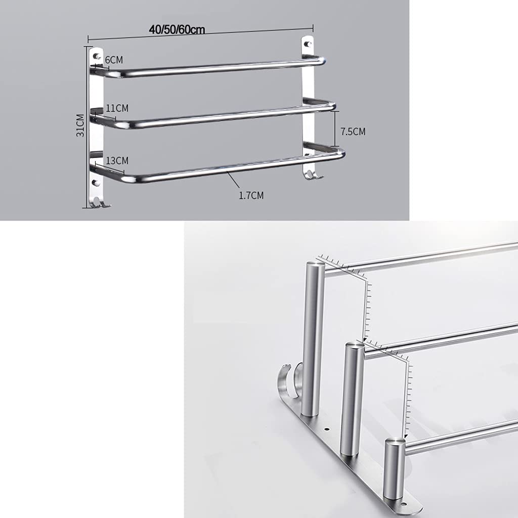 Portasciugamani da bagno a parete a 3 livelli, portasciugamani in acciaio inossidabile spazzolato 304, barra porta asciugamani multifunzione con ganci (dimensioni: 80 cm) (40 cm