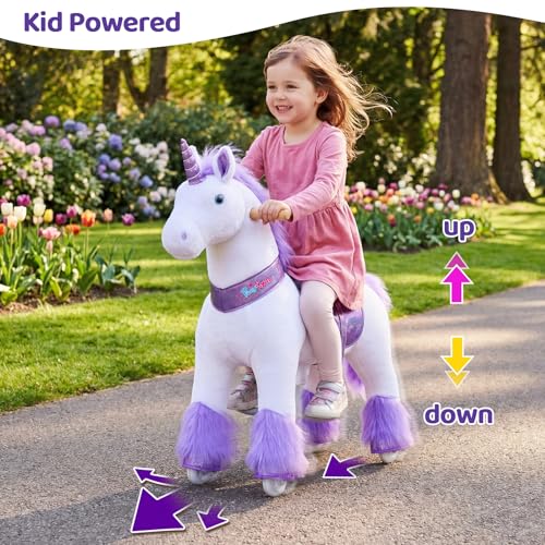 Image of PonyCycle Ride on Unicorn Horse Toys for Girls Toddler Rocking Horse (with Brake / 30 inch Height /Size 3 for Age 3-5) Purple Unicorn Plush Kids Ride on Toys Walking Unicorn Birthday Gifts Ux306