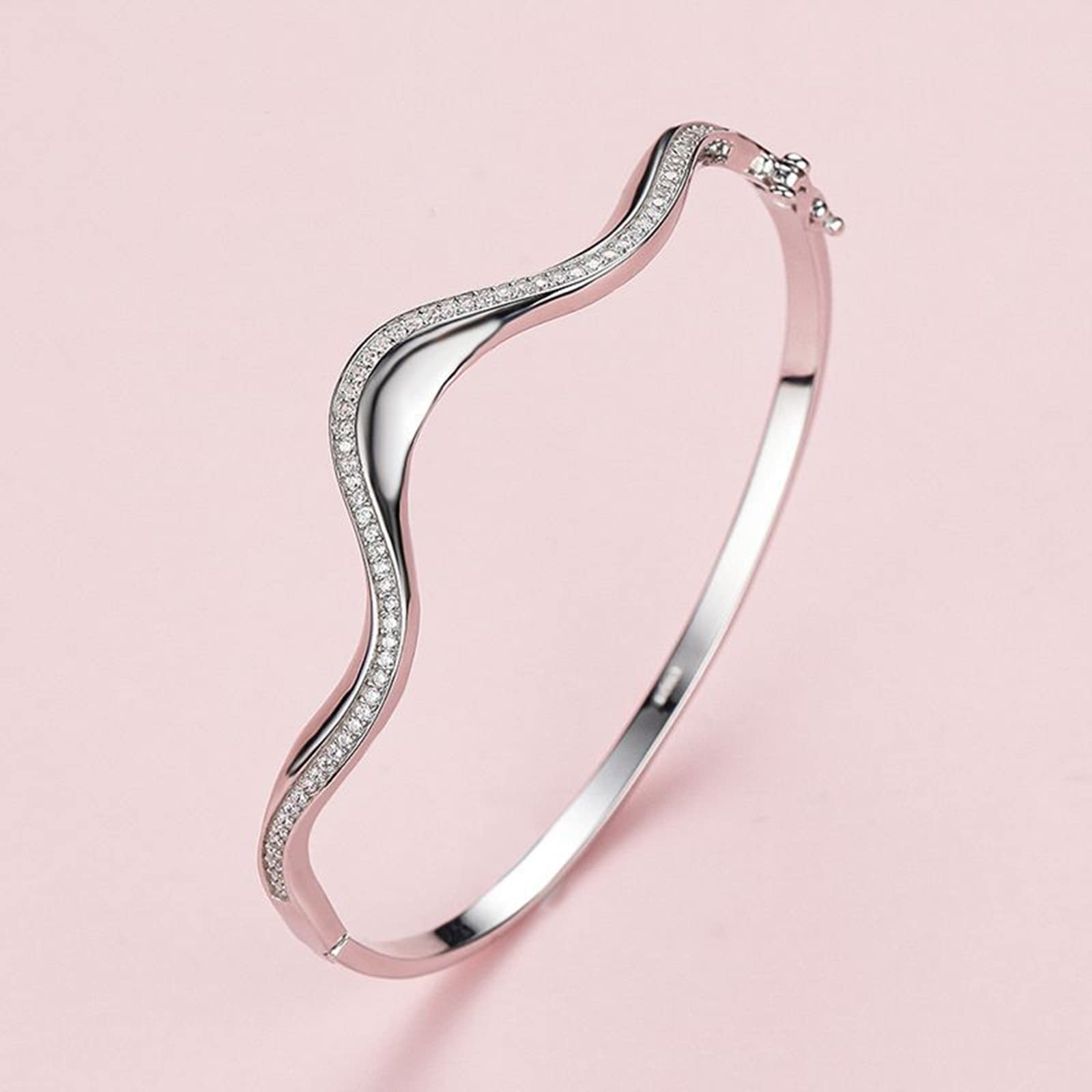ZH1YFD Brazalete Pulseras de Plata de Ley Banda Ondulada con circonitas cúbicas Pulseras de Plata Mujer