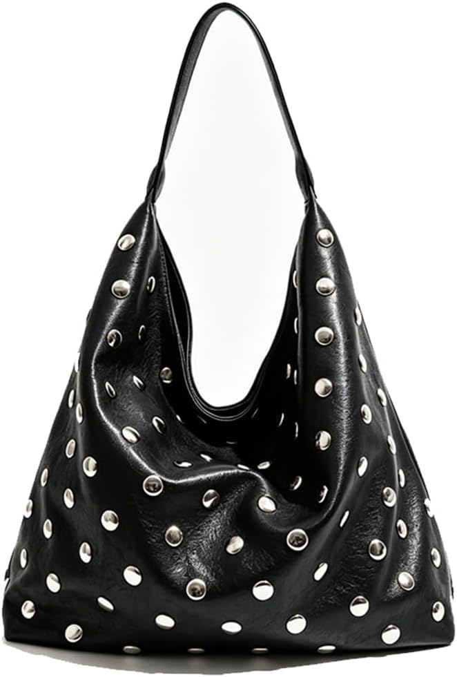 Tote Bag for Women with Studded Deco, Soft Vegan Hobo Bag, Leather Slouchy Purse Shoulder Handbag