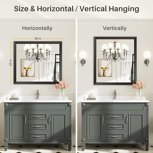 Image of Briivue 36x32 Inch Black Bathroom Mirror for Wall, Thick Metal Framed Rectangle Mirrors for Over Sink, Bedroom, Living Room, Entryway, Anti-Rust, HD Tempered Glass