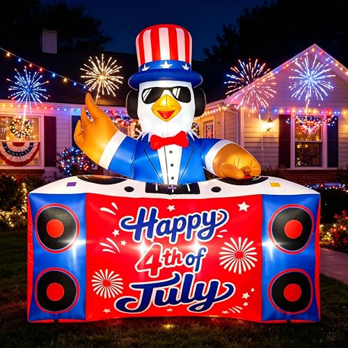 BLOWOUT FUN 6FT 4th of July Inflatable DJ Eagle with Turntable LED Blow Up Yard Decoration Patriotic Decor for Memorial Day 250th Anniversary Independence Day Outdoor Lawn Garden Backyard Party