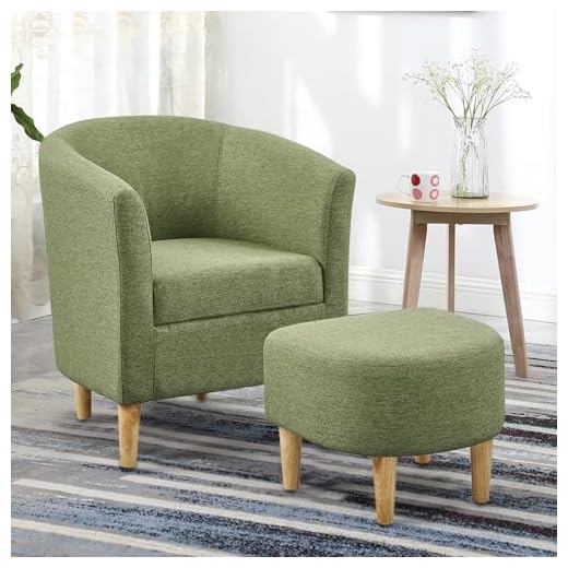 Hanstore Tub Chair and Footstool Set Comfy Accent Arm Chair Soft Padded Fabric Armchair Single Tub Sofa Side Chair Occasional Chairs Bedroom Living Room Lounge Office Reception Light Green