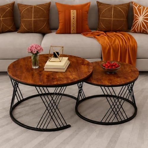 Image of Brown Art SHOPPEE Home Decor Furniture Round Coffee Table Sets,2 Piece MDF Top Couch Table,Stacking Nesting Table with Iron Frame for Living Room Living Room or Lounge (Black &Brown)