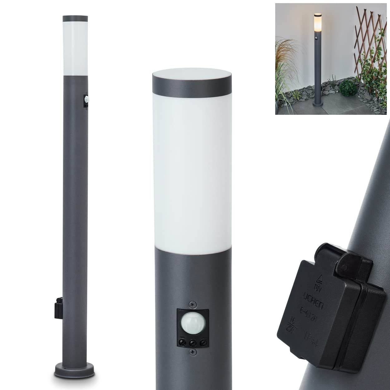 Lampa zewnętrzna Sessa z czujnikiem ruchu i gniazdem, lampa na podstawie z metalu/plastiku w kolorze antracytowym/białym, oświetlenie ścieżki 110cm, lampa ogrodowa E27, IP44, bez żarówki