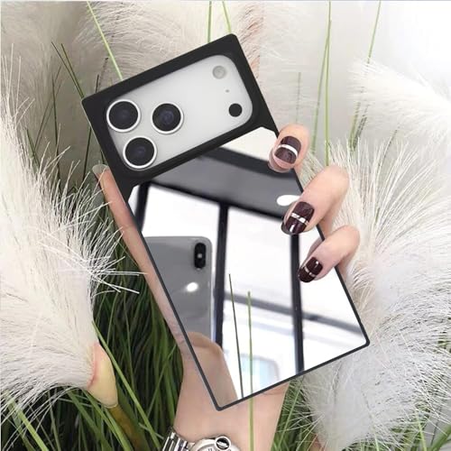LUVI Compatible with iPhone 17 Pro Max Mirror Rectangle Case for Women Makeup Cute Luxury Glossy Glass Mirror Design with Silicone Bumper Slim Thin Fashion Protective Shockproof Cover Silver