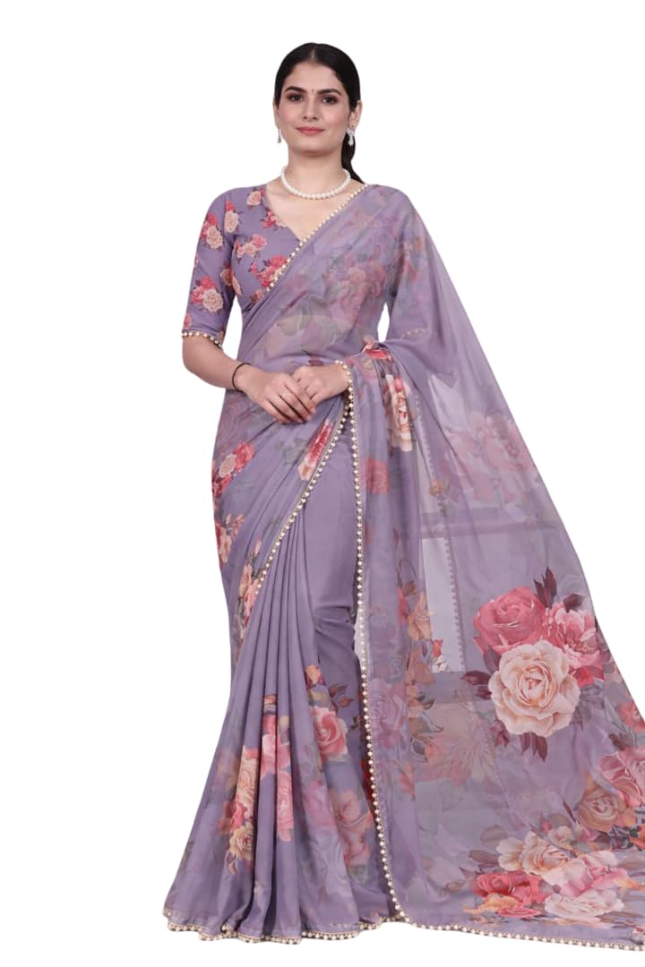 Women's Georgette Floral Printed Saree, Aqua Blue with Pearl Border Detailing, Lightweight and Breathable-image-25