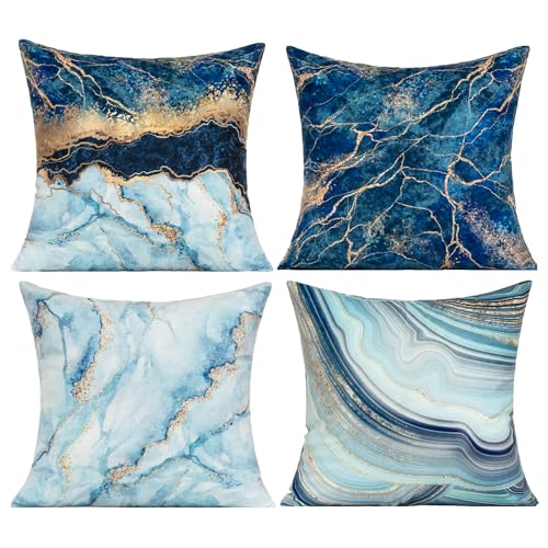 Navy Blue Decorative Throw Pillow Covers Velvet Gold Marble Home Decoration Sea Soft Cushion Decor Cases 18X18 Set of 4 for Sofa Bedroom Couch