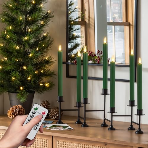 Image of Green Flameless Taper Candles with Remote, Christmas Real Wax LED Taper Candles Battery Operated with 3D Wick, 3 Pcs Flameless Candlesticks for Christmas Home Decor(0.78 inch x 9.65 inch)